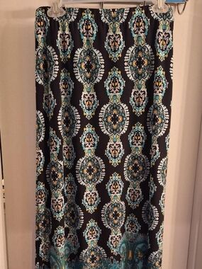 Cato Black Maxi Skirt with Teal, White, and Gold Medallion Print